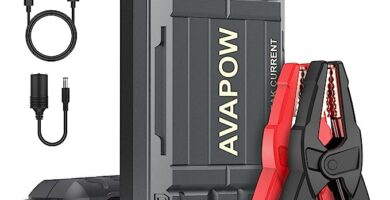 The image shows a AVAPOW A28 jump starter and it’s a simple graphic or photograph.