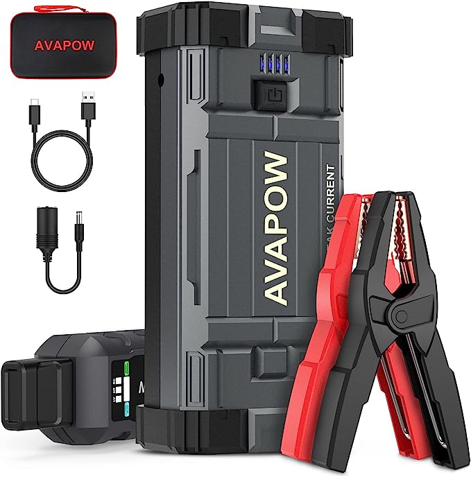 The image shows a AVAPOW A28 jump starter and it’s a simple graphic or photograph.