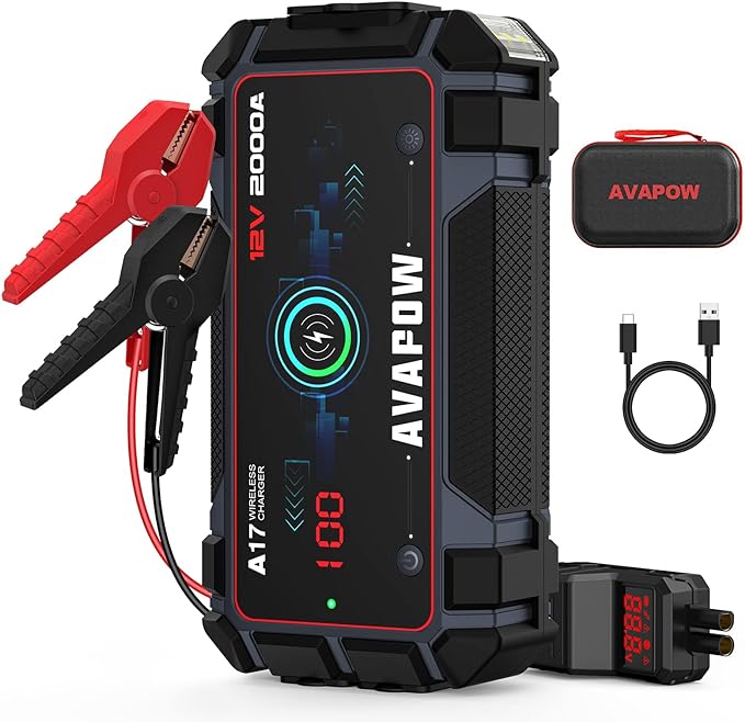 The image shows a AVAPOW A17 jump starter and it’s a simple graphic or photograph.