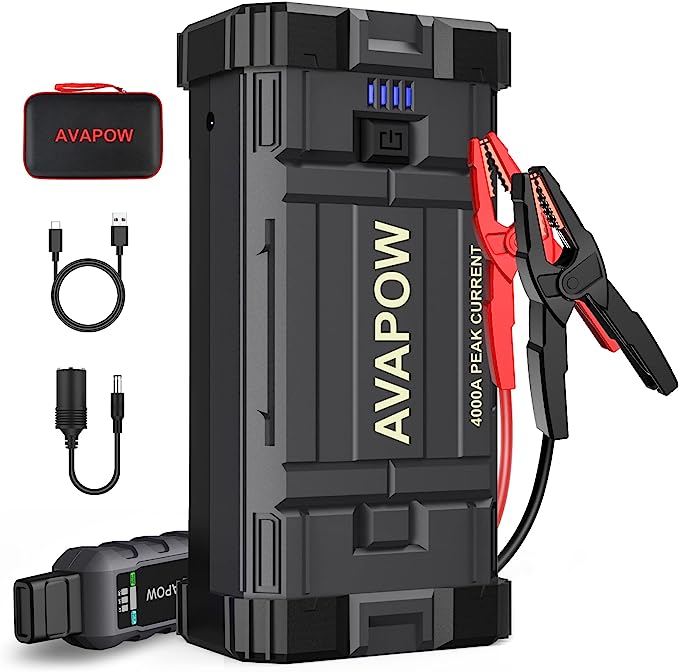 The image shows a AVAPOW A58 jump starter and it’s a simple graphic or photograph.