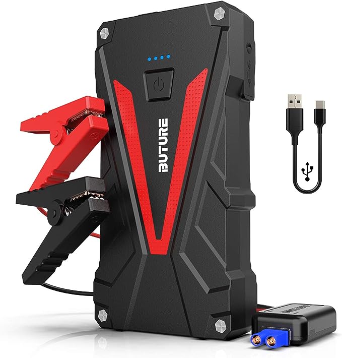 The image shows a Buture BR500 jump starter and it’s a simple graphic or photograph.