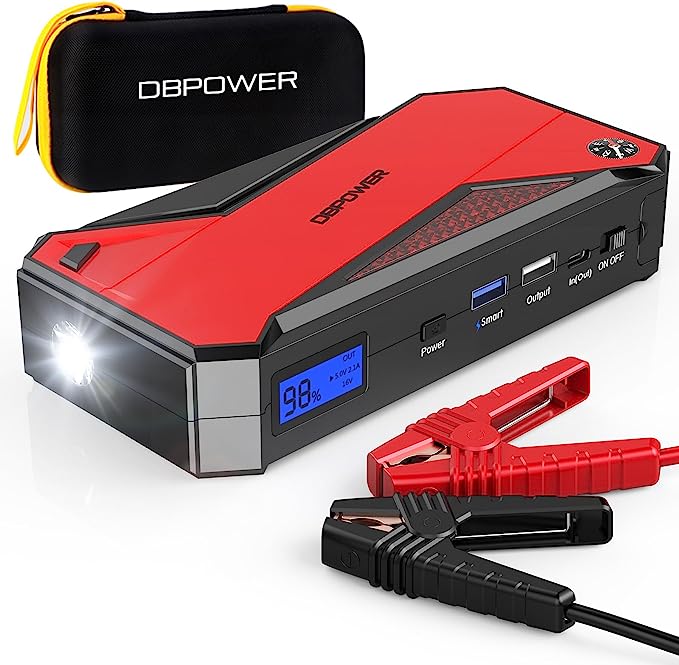 The image shows a DBPOWER DJS90 jump starter and it’s a simple graphic or photograph.