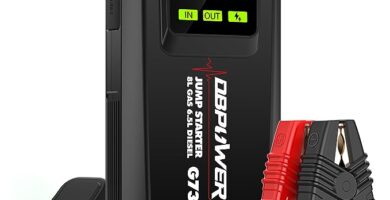 The image shows a DBPOWER G73 jump starter and it’s a simple graphic or photograph.