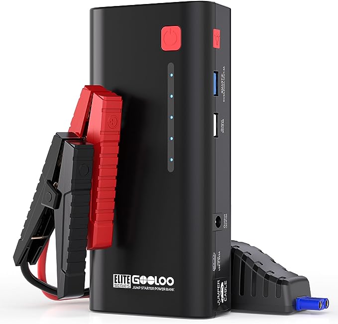 The image shows a GOOLOO GE1200 jump starter and it’s a simple graphic or photograph.
