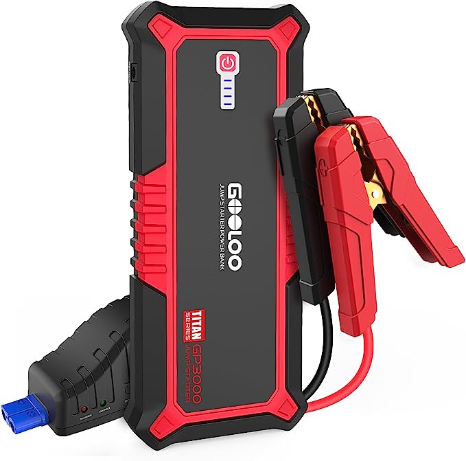 The image shows a GOOLOO GP3000 jump starter and it’s a simple graphic or photograph.