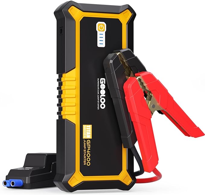 The image shows a GOOLOO GP4000 jump starter and it’s a simple graphic or photograph.