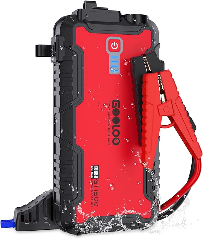 The image shows a GOOLOO GT1500 jump starter and it’s a simple graphic or photograph.
