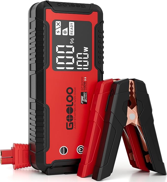 The image shows a GOOLOO GT3000 jump starter and it’s a simple graphic or photograph.
