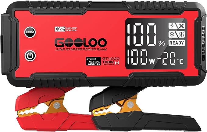 The image shows a GOOLOO GT4000 jump starter and it’s a simple graphic or photograph.