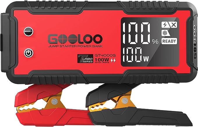 The image shows a GOOLOO GT4000S jump starter and it’s a simple graphic or photograph.