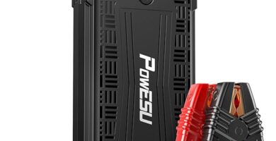 The image shows a PowESU IM29 jump starter and it’s a simple graphic or photograph.
