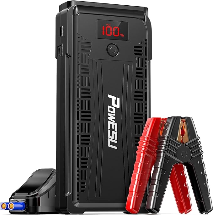 The image shows a PowESU IM29 jump starter and it’s a simple graphic or photograph.