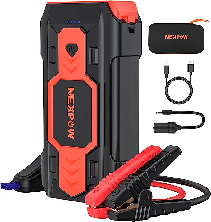The image shows a Nexpow Q9B jump starter and it’s a simple graphic or photograph.