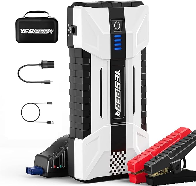 The image shows a YESPER YJS15 jump starter and it’s a simple graphic or photograph.