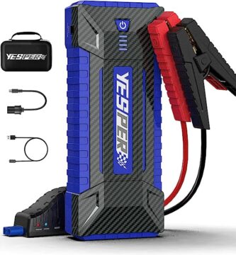 The image shows a YESPER YJS40 jump starter and it’s a simple graphic or photograph.