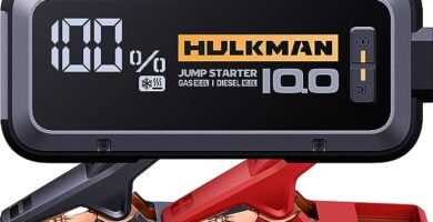 The image shows a Hulkman Alpha 100 jump starter and it’s a simple graphic or photograph.