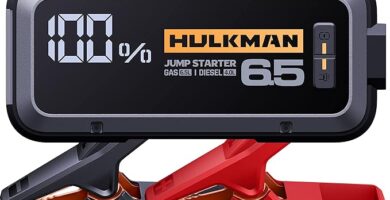 The image shows a Hulkman Alpha 65 jump starter and it’s a simple graphic or photograph.