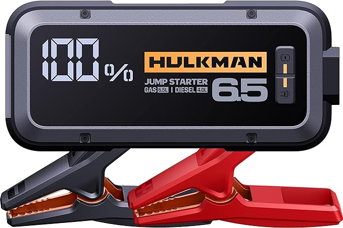 The image shows a Hulkman Alpha 65 jump starter and it’s a simple graphic or photograph.