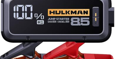 The image shows a Hulkman Alpha 85S jump starter and it’s a simple graphic or photograph.