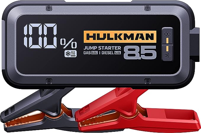 The image shows a Hulkman Alpha 85S jump starter and it’s a simple graphic or photograph.