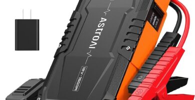 The image shows a AstroAI 139 jump starter and it’s a simple graphic or photograph.