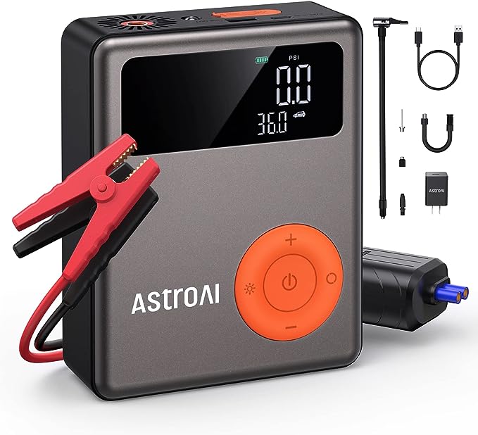 The image shows a AstroAI MF139 jump starter and it’s a simple graphic or photograph.