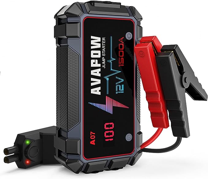 The image shows a AVAPOW A07 jump starter and it’s a simple graphic or photograph.