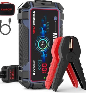 The image shows a AVAPOW A27 jump starter and it’s a simple graphic or photograph.