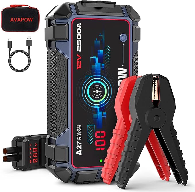 The image shows a AVAPOW A27 jump starter and it’s a simple graphic or photograph.