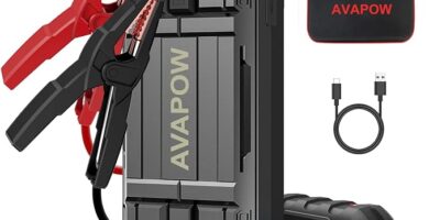 The image shows a AVAPOW A18 jump starter and it’s a simple graphic or photograph.