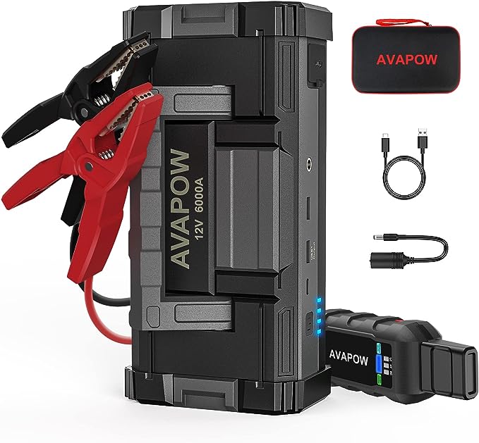 The image shows a AVAPOW A68 jump starter and it’s a simple graphic or photograph.