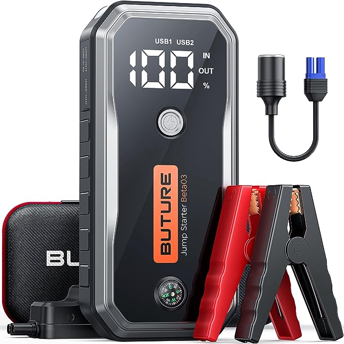 The image shows a Buture beta03 jump starter and it’s a simple graphic or photograph.