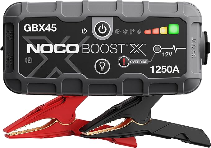 The image shows a GBX45 jump starter and it’s a simple graphic or photograph.