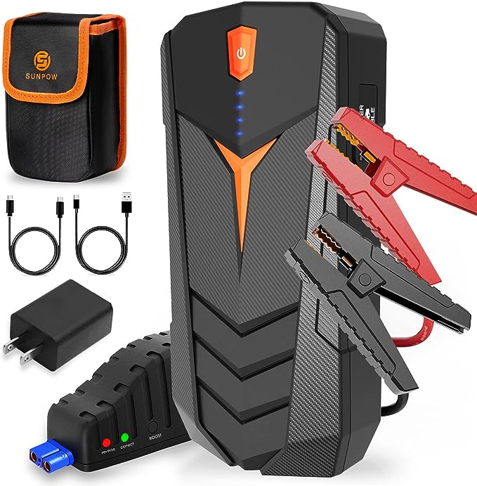 The image shows a Sunpow SP-JS01 jump starter and it’s a simple graphic or photograph.