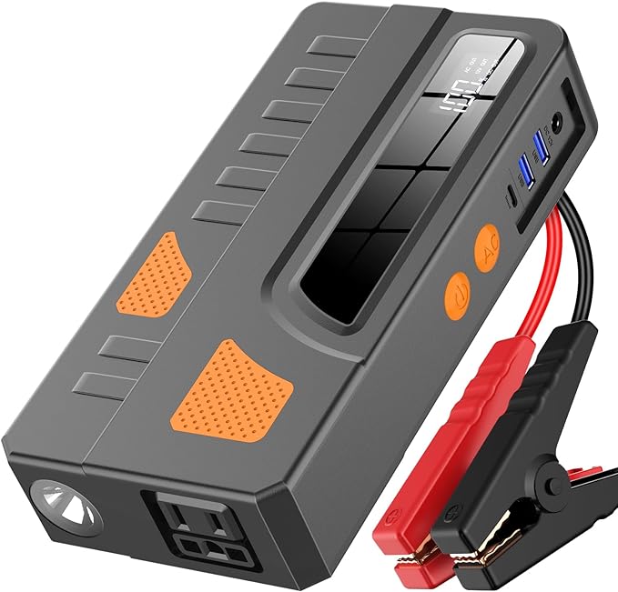 The image shows a bookoo hp100s jump starter and it’s a simple graphic or photograph.