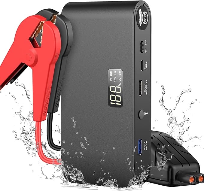 The image shows a bookoo q6 jump starter and it’s a simple graphic or photograph.