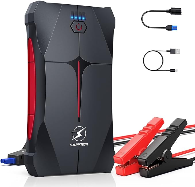 The image shows a FLYLINKTECH CF200 jump starter and it’s a simple graphic or photograph.
